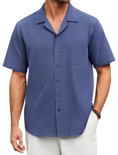 Enlision Chemise Lin Homme Manches Courtes Été Leger Chemises Homme Bleu Foncé Coupe Régulière Chemisette Boutons Décontractée de Plage L