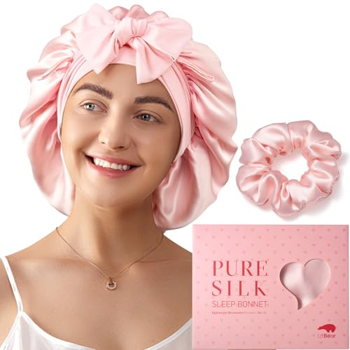 LitBear 100% Mulberry Silk Bonnet for Sleeping Women, 22 Momme Double-Layered Grade-6A Silk Hair Bonnet for Sleeping, Hair Cap for Sleeping with Tie Band on Head, Includes Scrunchie(Pink)