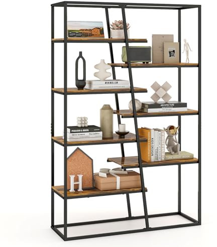 COSTWAY 7-Tier Tall Bookshelf, Industrial Metal Frame Etagere Bookcase Shelving Unit, Freestanding Double Wide Display Rack for Living Room, Bedroom and Home Office