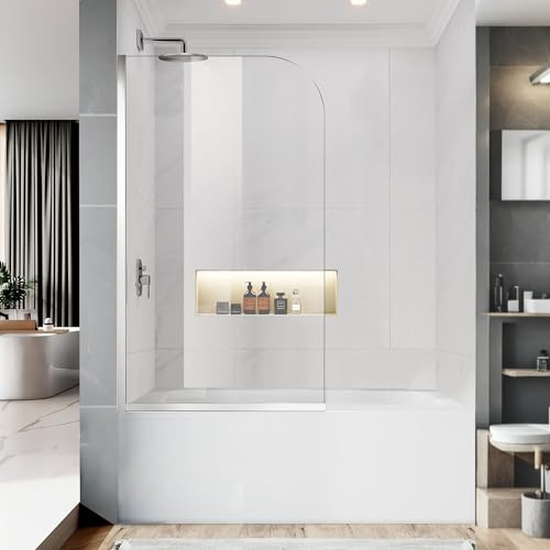 Bathtub Shower Glass Panel, 34 W X 58 H Tub Shower Door Fixed Glass Doors in Silver with 1/4(6mm) Clear Tempered Door, Simple Shower Door Panel Easy to Install for Bathroom