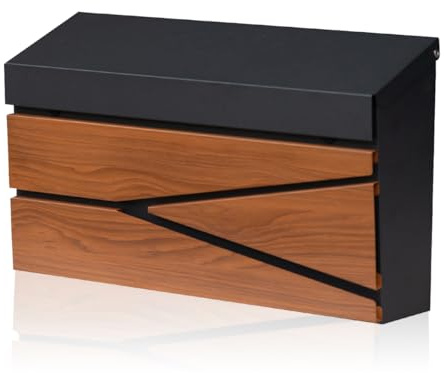 Ydocabinit Wall Mount Mailbox, Large Capacity Mailbox for House, Galvanized Steel Rust-Proof Metal Post Box Drop， Mailboxes for Outside, 15.74×9.84×4.33, Black Wooden Patterned Metal Sheet