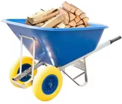 Equimed Garden Wheelbarrow - Extra Large Trolley with 200L Plastic Bucket, Puncture-Proof PU Wheels, Galvanised Frame (Blue/Yellow)