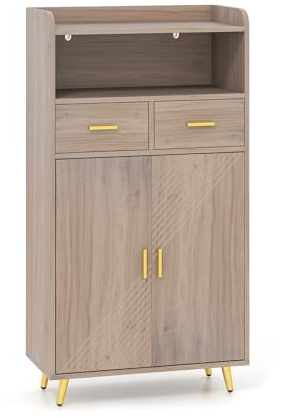 LIFEZEAL Armario de Almacenamiento Multiusos con Puertas, 2 Cajones y Estante Ajustable, Armario de Salón para Comedor, Sala de Estar y Baño, 60 x 30 x 113 cm (Gris)