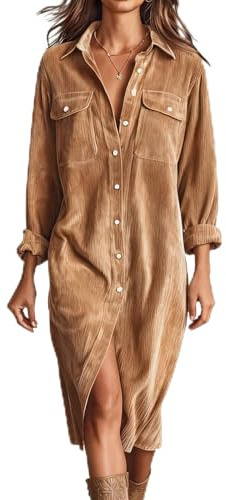 GMQWRK Abito da donna in velluto a coste elegante con collo a colletto abiti midi con tasche frontali con patta e polsino con bottoni casual a maniche lunghe abito camicia autunno inverno primavera