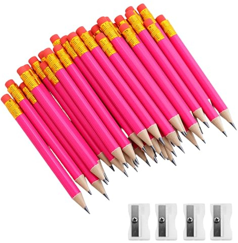 Rebeccahoward 48 stycken mini HB träpennor med suddgummi och 4 teckenknivar, ergonomisk penna, kompakta små pennor, integrerat suddgummi korta träpennor, för golf evenemang