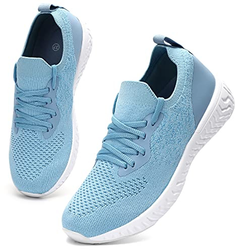 HKR Traniers for Women Lightweight Road Running Shoes Comfortable Laides Walking Fitness Workout Sock Sneakers Light Blue UK 3.5