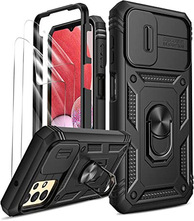 LeYi for Samsung A13 Phone Case with Camera Cover Slider, (2 Pack HD Screen Protector) 360° Full Body Protective Shockproof Heavy Duty Cover with Ring Stand for Galaxy A13 4G Black