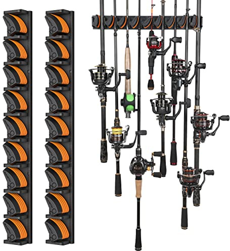 PLUSINNO V9 Vertical Fishing Rod Holders, 2 Packs Wall Mounted Fishing Pole Holders, Fishing Rod Racks Hold Up to 18 Rods or Combos, Fishing Pole Holders for Garage, Fishing Gear and Gifts for Men