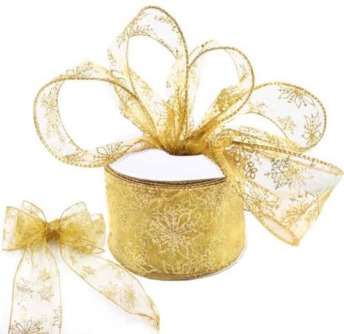 NOCHME Nastri Natalizi Con Bordo Metallico, 30 Feet 6.3cm Glitter Fiocco Di Neve Nastri Natalizio, Perfetto Per Decorazioni Albero Di Natale E Artigianato, Oro