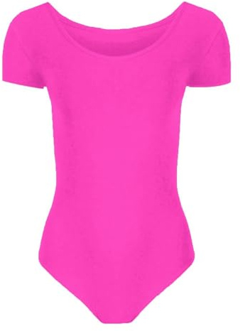 Hamishkane Body da Ragazza a Maniche Corte per Danza e Balletto per Bambini, Top Estensibile in Microfibra Semplice, Rosa fluo, 5-6 Years