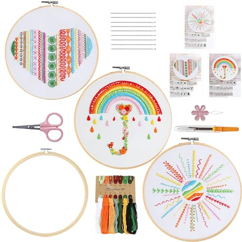 Stickerei Kit für Anfänger, 3 Sets Embroide ry Starter Kits für Liebhaber Rainbow Patterns Cross Stitch Kits, Bambus-Stickerei Hoops, Farbe Threads und Werkzeug Anweisungen für Home Decor