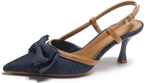 Zapatos de tacón Sexy con Lazo Mezclilla para Mujer,Sandalias tacón de Gatito con Punta Cerrada,Sandalias tacón de Aguja bajo para Boda, Fiesta de Novia, Vestido de Fiesta,Dark Blue,38 EU