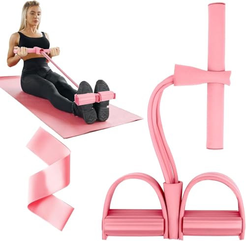 Flintronic 4 Spannseil Sit-Up Fitness-Zugseil Pedal, Multifunktions Widerstandstraining mit Widerstandsband, Oberschenkeltrainer Beintrainer, Bauchtrainer und Ganzkörpertrainer (Rosa)