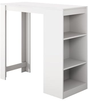 MB Muebles Bonitos, Mesa Alta Bar Kyra, Barra Cocina de Estilo Moderno con 3 Estantes, Melamina Mate, Blanco, 110x103x50 cm