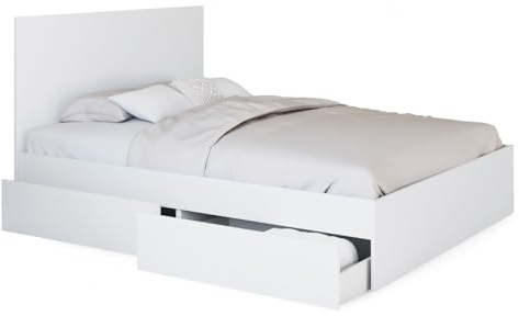 IDMarket - Lit Double Omaha 4 tiroirs sur roulettes avec tête de lit et sommier 140 x 190 cm Blanc