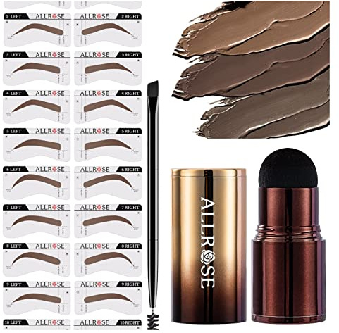 ALLROSE Eyebrow Stamp and Eyebrow Stencil Kit, Eye Brow Stamping Kit for Perfect Bushy Eyebrows, 20 Brow Stencils, Brow Stamp Trio Kit with Sponge Applicator, Waterproof Eyebrow Kit, Black Brown