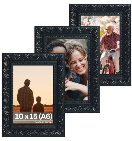 VictoR Vintage bildram Rubens, set om 3 i 10 x 15 cm (A6) svart – list: 30 x 20 mm – äkta glas – fotoram barock – antik – bildram set A6 vintage