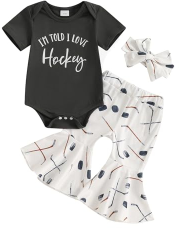 Newborn Baby Girl Hockey Clothes I'm Told I Love Hockey Romper Bell Bottom Flare Pants Set 3Pcs Infant Summer Outfits (Dark Grey, 12-18 Months)