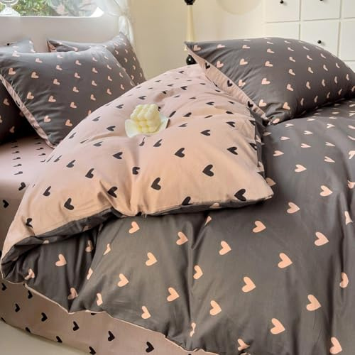 Covebett Set Copripiumino Matrimoniale con Cuori Rosa e Nero in Microfibra Reversibile 3 Pezzi per Bambini, Donne e Ragazze, Estetica Romantica con Motivo Cuori, Copripiumino 200x200 cm e 2 Federe