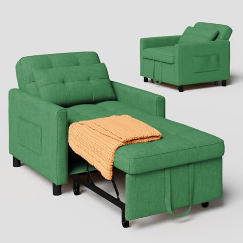 Xbro Fauteuil-lit 3 en 1 Convertible 1 Place, Fauteuil-lit avec Fonction Lit, Canapé-lit Réglable avec Coussin et Sac, Fauteuil avec Fonction Lit pour Petit Appartement (Vert)