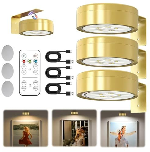 3 Pacchi Luce per Quadri Senza Fili con Telecomando,Magnetic Painting Light,3 Colore Luci per Quadri Senza Fili Ricaricabili con Timer, Luce LED per Quadri a Batteria,perFoto e Ritratti (Oro)