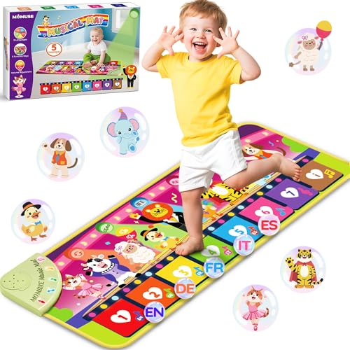 MOMUSE​ Tapis Musical 5 Langues (FR/DE/en/IT/ES), Jouet Bébé 1 an, Tapis Piano Enfant Multilingue avec 9 Animaux, Portable, Léger, Cadeau d’Anniversaire/Noël pour Enfants 1 2 3 4 Ans​​