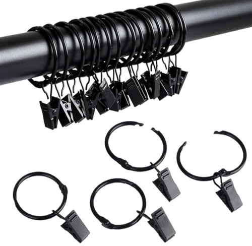 OUDQFCJ 20 unidades Anillas metálicas con clips, Anillas y ganchos para cortinas, argollas y enganches para cortinas, doseles y cortinas de ducha (32 mm de diámetro interior) (negro)