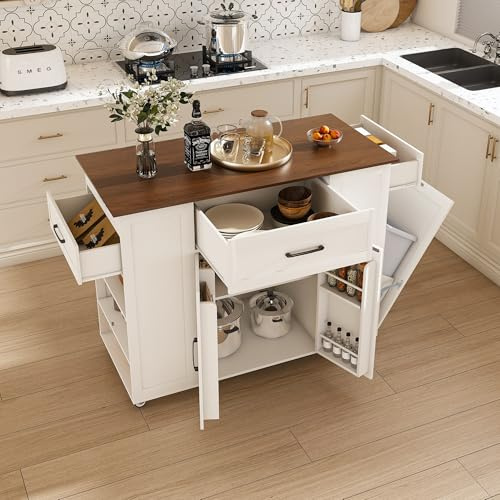 Isola da cucina da 116,8 cm su ruote, piano di lavoro in legno, bidone della spazzatura, prese elettriche, ripiani e cassetti regolabili per sala da pranzo e cucina (Style-01)
