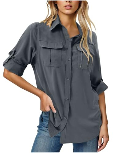PODOLIXIA Blusa camisa para mujer de manga larga, ropa de safari para mujer, camisa casual de secado rápido UPF50+ protección UV, camisa funcional outdoor, camisa de senderismo para pesca safari