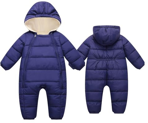 Maeau Combinaison de Neige Bébé Fille Garçon 12-18 Mois Grenouillère Hiver Nouveau Né Barboteuse à Capuche Snowsuit Vêtement de Ski Chaud Combi Jumpsuit Manteau Polaire Veste Ensemble Body Bleu Marine