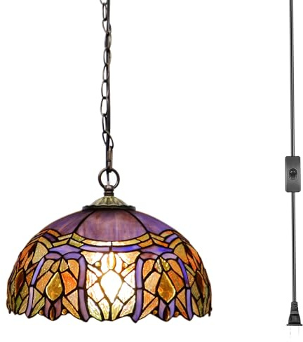 MQYXH Tiffany Lamp Purple Brown Jewelry Baroque Stained Glass Plug in Pendant Light Vintage Swag Lamp 12X12X180 Inch Hanging Lamps for Dining Room Living Room Office Bedroom or Porch