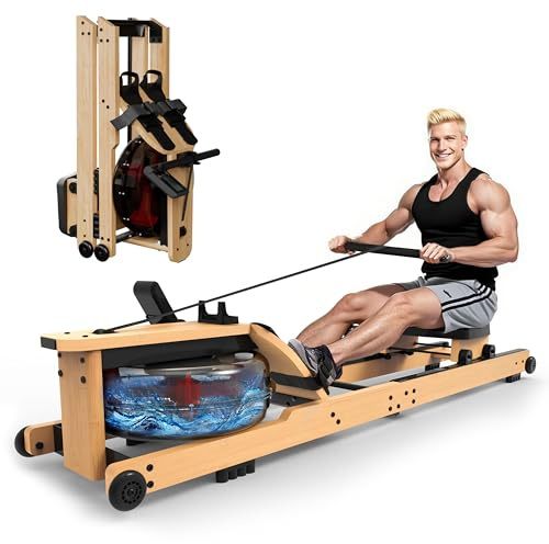 Maquina de Remo para Casa, Aeriflo W100 Maquina de Agua En Bambú, de Remo Plegable con Pantalla Bluetooth Y App, Máquina de Remo Premium para Entrenamiento De Cuerpo Completo
