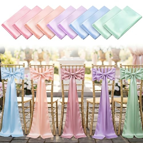 Tegeme 10 Pcs Pastel Chair Sashes Bows Satins Soft Chair Ribbon Sashes Wedding Aisle Church Bows Decor for Wedding Banquet Party Easter Garden Events Decoration (5 Colors,7 X 108)
