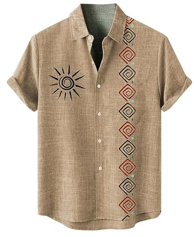 Camisa vintage para hombre, estilo étnico, camisa de manga corta, botón regular, informal, blusa de playa, top con estampado azteca, camisa con botones, camisas de moda, estampado tradicional, camisa