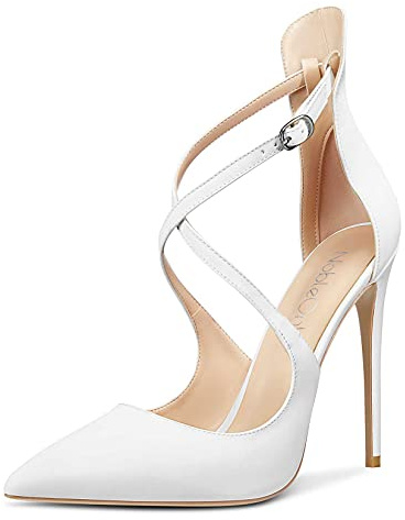 NobleOnly Femme Escarpins Bride Cheville Fermée Boucle Aiguille Talon 12CM High Heels Blanc Satin Chaussures EU40