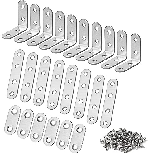 WeqeYent Set med 24 st hörnstöd och raka fästen, L-formade hörn, gemensamt rostfritt stål, höger vinkelfäste, fästelement för trästol, bokhylla, bräda, fönstermöbler (silver)