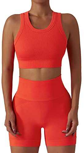 ABOCIW Conjunto de entrenamiento para mujer, 2 piezas, sin costuras, acanalado, camiseta sin mangas, brasier deportivo, cintura alta, pantalones cortos de ciclista, gimnasio, yoga, ejercicio, Naranja,