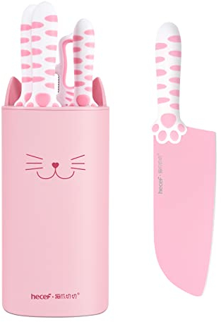 hecef Kitchen Knife Set with Detachable Block, Non-Stick Coated Knife Block Set, 5 PCS Sharp Knife Set for Cooking (Pink)