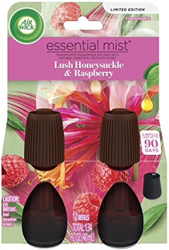 Air Wick Essential Mist Refill, 2 ct, Lush Honeysuckle & Raspberry, Essential Oils Diffuser, Air Freshener
