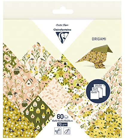 Clairefontaine - Papier Origami 60 Feuilles Motifs Printemps 3 Formats : 10x10cm, 15x15cm, 20x20cm - 70g - 10 Motifs Colorés Assortis (2 Feuilles par Format) - Loisirs Créatifs Adultes - 95378C