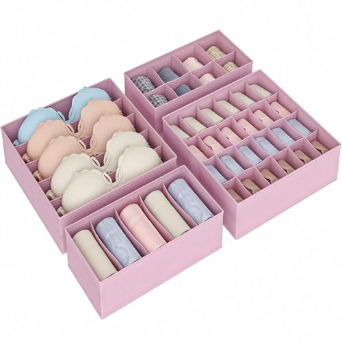 Vantimo Set di 4 Divisore per Cassetti, Organizzatore per Guardaroba, Organizzatori per Biancheria Intima in Cassetto e Armadio,per Calze, Reggiseni Cravatta, con Divisore, Rosa