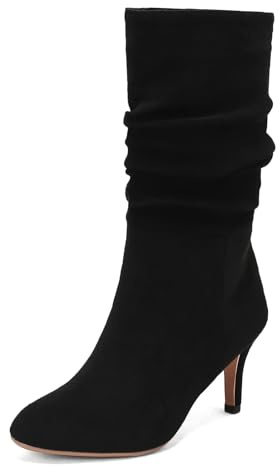 HavueGatue Women's Suede Slouch Boots Kitten Heel Mid Calf Boots Soft Fur Lining Pull on Heeled Slouchy Boot Black Mark Size 38