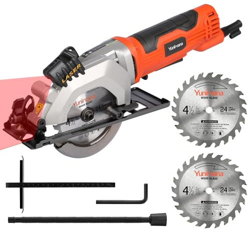 Yunirvana 4Amp 3500RPM Mini Circular Saw with Laser Guide, Vacuum Adapter, Blade Wrench and Rip Guide, Max. Cutting Depth1-5/8(90°), 1-1/10(45°）Compact Saw with 2 pcs 4-1/2 24T TCT Blades