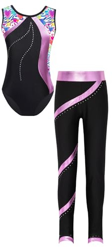 Agoky Ärmlös gymnastikdräkt för flickor, metallisk randig body med långa byxor, leggings, sport, tvådelad balett, dans, träningskläder
