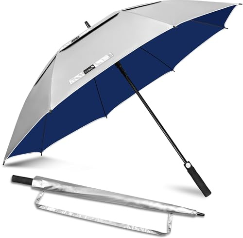 ZOMAKE Large Golf Umbrella UV Potection,51 Inch UV Blocking SPF Umbrellas for Sun Protection Windproof Heavy Duty Vented Double Canopy(Silver,Blue)