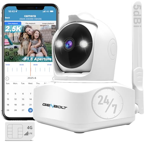GENBOLT 3G/4G LTE Övervakningskamera Inomhus med Sim-Kort, 2.5K Spotlight IP Kamera utan WiFi, Mobil CCTV Kamera med Detektering av Människor, Automatisk Spårning