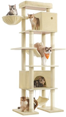 Feandrea XXL Tall Cat Tree, Multi-Level Tower with 4 Scratching Posts, 2 Hammocks, Perch, 2 Cat Caves, Anti-Tip Kit, Beige PCT195Y01