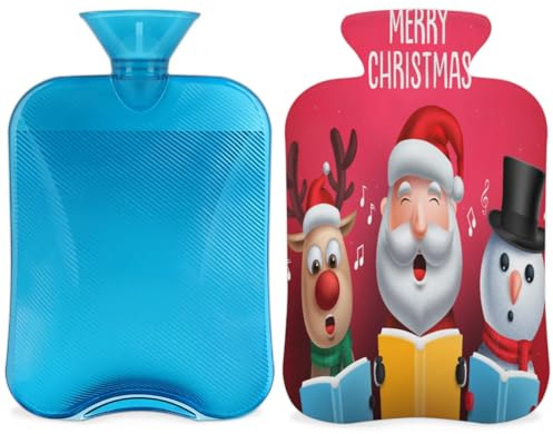 Bolsa de agua caliente de Navidad con diseño de Papá Noel, reno, muñeco de nieve, con tapa, 2 L, gran capacidad, bolsa de agua para noches acogedoras, alivio del dolor, espalda, cuello y hombros