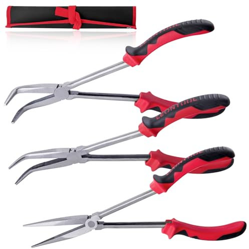 LEONTOOL Juego de 3 alicates de largo alcance, juego de alicates de punta de aguja extralargos de 11 pulgadas, rectos, 45 grados, alicates de punta de aguja curvada de 90 grados con mandíbula dentada,