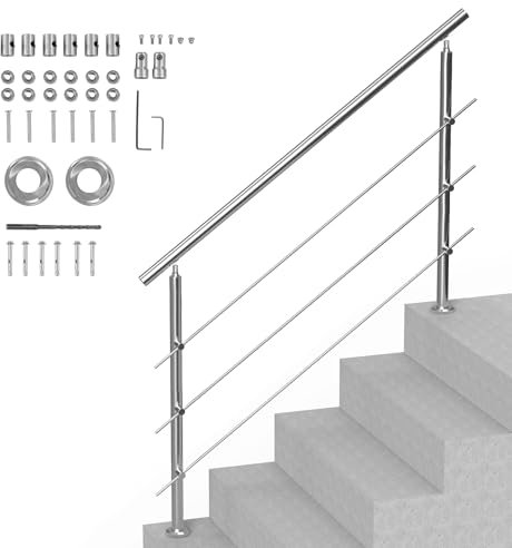 VEVOR Handrails for Outdoor Steps, 59 in Length 3 Crossbars Stair Hand Rail Kit, Transitional Stainless Steel Railings w/Installation Kit, Double-Column Staircase Handrails for Seniors,Porch & Deck